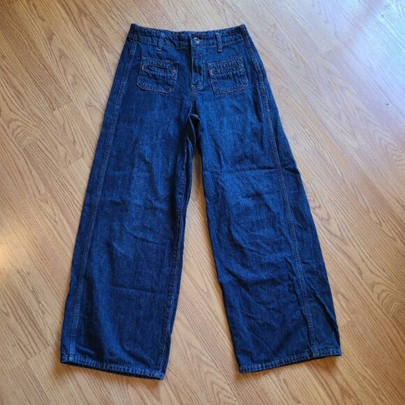 OLD NAVY DRAPEY DENIM HIGH RISE BAGGY WIDE LEG TROUSER JEANS DENIM PANTS sz 0 - Picture 2 of 6